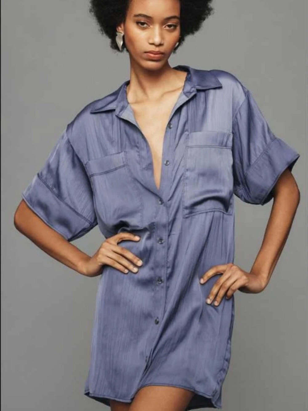 Pilcro Anthropologie Women’s Short-Sleeve Silky Surf Shirt Dress Slate Medium